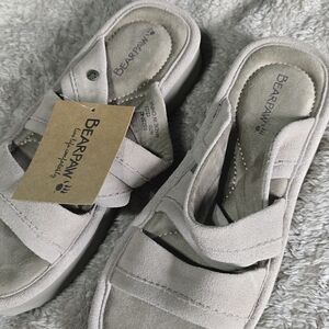 BearPaw Light Gray Suede Platform Slide Sandals